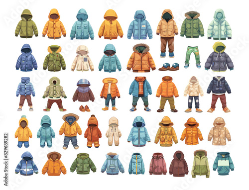 Seasonal children clothing cartoon vector set. Down jacket hoodie pants sweater summer insulated winter autumn textile accessories, illustrations isolated on white background