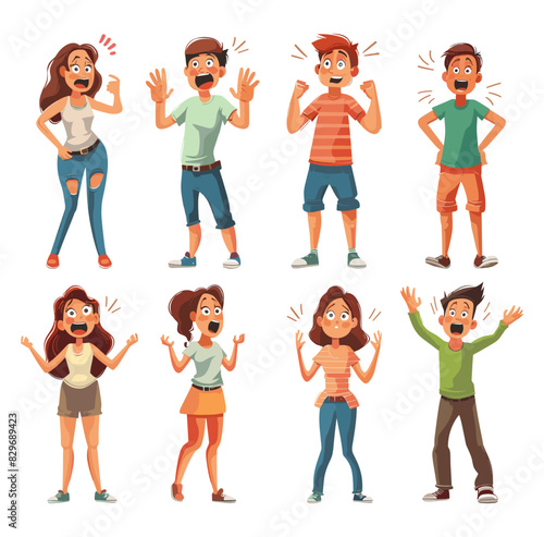 Shock reaction characters cartoon vector set. Men woman hands up big eyes scream spread fingers full height resonance effect emotion fright strong surprise people illustration isolated on white