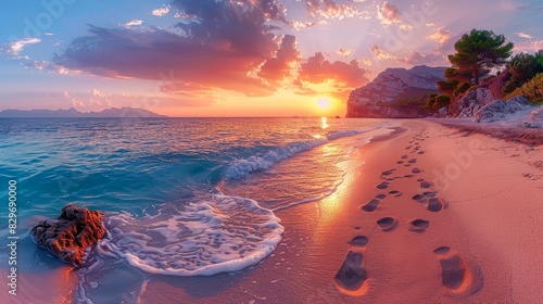 A tranquil beach at sunrise with footprints leading along the shore  waves gently lapping at the sand