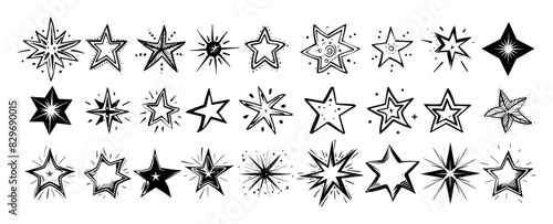 Stars ink sketch vector set. Planet space symbol shimmer falling comet sky five pointed design element black icons  isolated on white background.