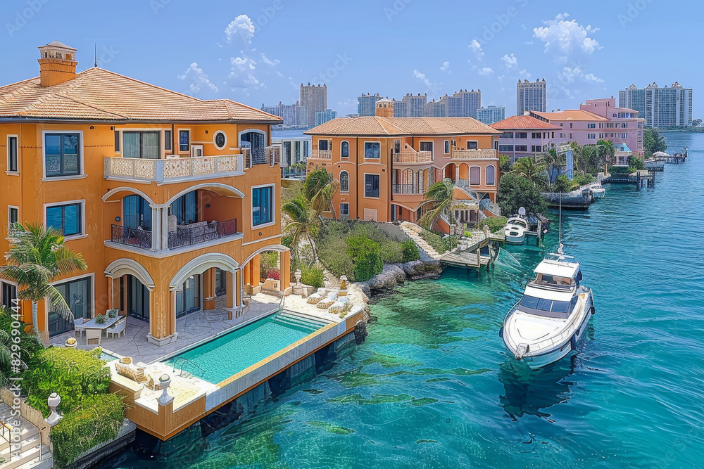 Bright and colorful image of a luxury waterfront house with a docked boat under a clear blue sky