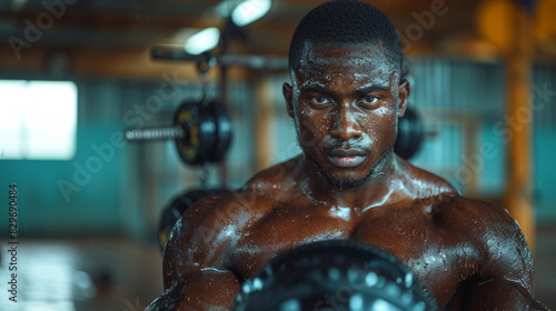 Muscular man focused on lifting weights during an intense gym workout session