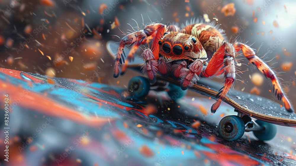 Funny spider riding a skateboard, dynamic moves, funny background with colorful patterns and graffiti, full of energy Funny spider riding a skateboard, dynamic moves, funny background with colorful patterns and graffiti, full of energy