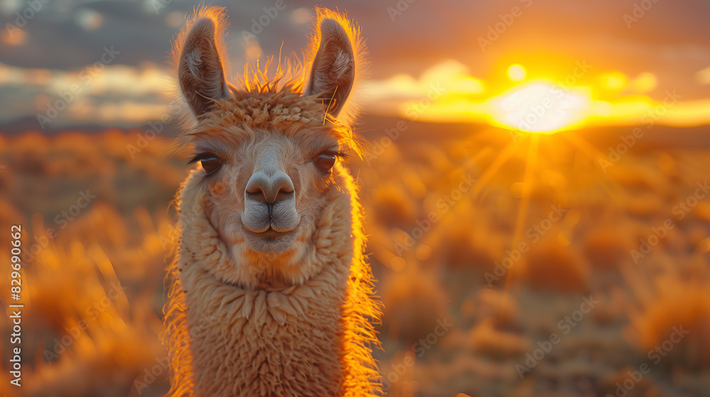 Obraz premium Loving llama with heart-shaped eyes and wide smile, set against a romantic sunset over hills