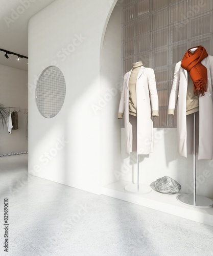 Canvas Print Window display of white modern and luxury fashion clothes shop in sunlight, shad