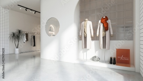 Window display of white modern and luxury fashion clothes shop in sunlight, shadow for store front interior design decoration and product background 3D