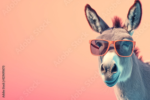 Humorous portrait of a donkey wearing sunglasses against a pink background