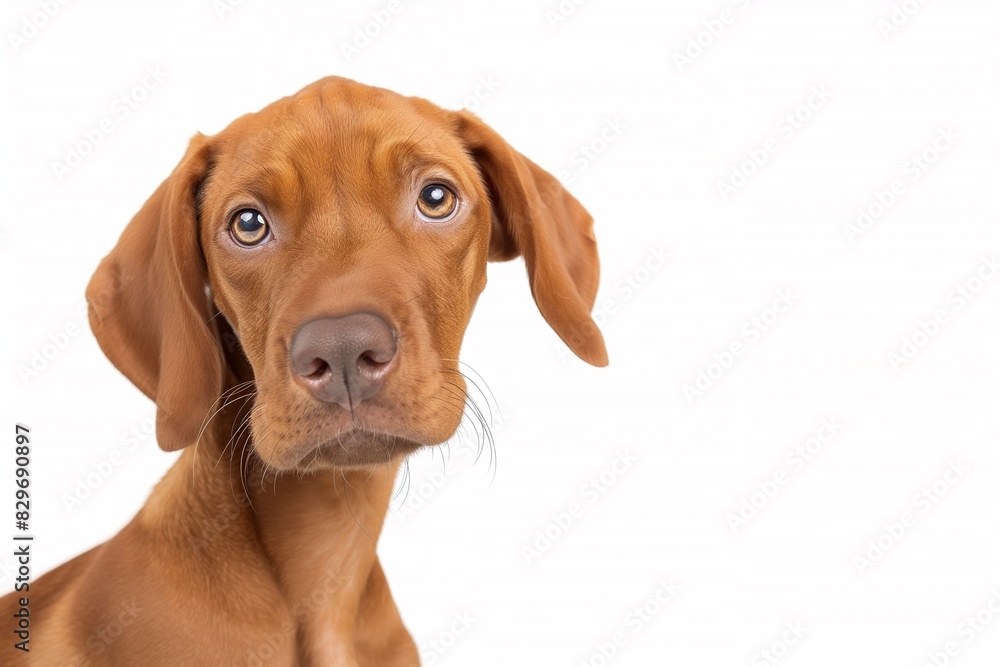 In a studio photo, a friendly Hungarian Vizsla dog is captured pulling a funny face, radiating charm and playfulness. This portrait perfectly captures the lovable and humorous nature of the dog. 