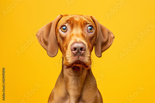 In a studio photo  a friendly Hungarian Vizsla dog is captured pulling a funny face  radiating charm and playfulness. This portrait perfectly captures the lovable and humorous nature of the dog. 