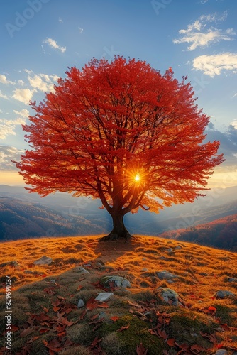 A breathtaking image capturing the vibrant red foliage of a lone tree at sunset in an autumnal mountain landscape