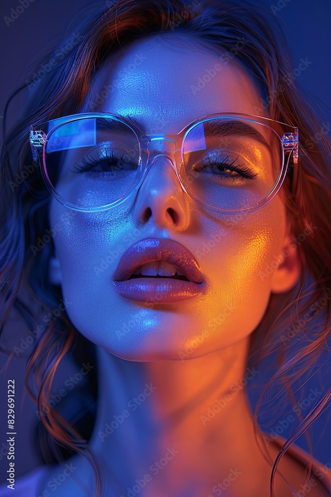 Close-up portrait of a woman with creatively lit neon glasses casting a colorful glow on her face, showcasing a modern, artistic vibe Close-up portrait of a woman with creatively lit neon glasses casting a colorful glow on her face, showcasing a modern, artistic vibe