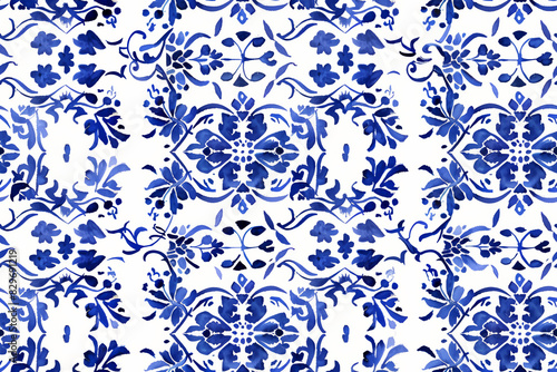 Seamless Pattern with Santorini-Inspired Blue and White Tile Designs Intricate blue and white geometric patterns and delicate floral motifs are arranged in a sophisticated and elegant style. 
