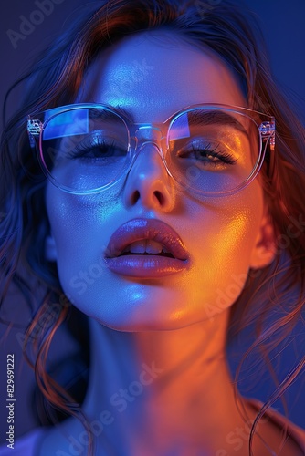Close-up portrait of a woman with creatively lit neon glasses casting a colorful glow on her face, showcasing a modern, artistic vibe