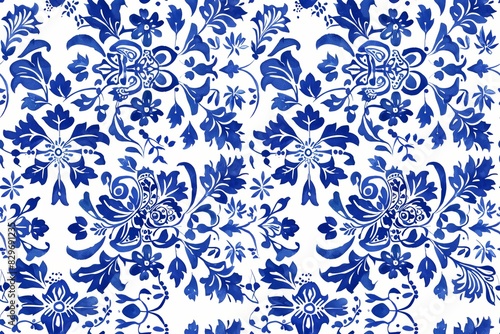 Seamless Pattern with Santorini-Inspired Blue and White Tile Designs Intricate blue and white geometric patterns and delicate floral motifs are arranged in a sophisticated and elegant style. 