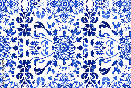 Seamless Pattern with Santorini-Inspired Blue and White Tile Designs Intricate blue and white geometric patterns and delicate floral motifs are arranged in a sophisticated and elegant style. 