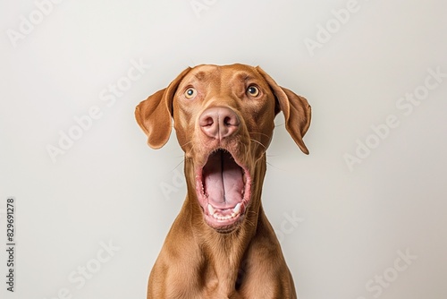 In a studio photo  a friendly Hungarian Vizsla dog is captured pulling a funny face  radiating charm and playfulness. This portrait perfectly captures the lovable and humorous nature of the dog. 