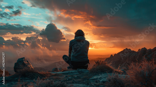 Person sitting on mountain witnessing sunset and dramatic sky