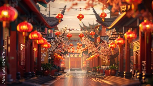 A tree with numerous red lanterns hanging from its branches  creating a striking visual display. The lanterns sway gently in the breeze  adding a pop of color to the surroundings.