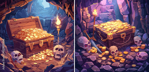 Treasure cave cartoon style vector scene. Wooden chest gold coins pile stones rocks skulls torches mine hiding place pirate concepts