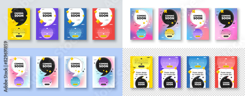 Poster templates design with quote, comma. Coming soon tag. Promotion banner sign. New product release symbol. Coming soon poster frame message. Quotation offer bubbles. Comma text balloon. Vector