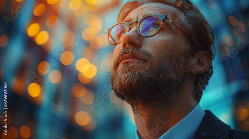 A stylishly dressed man with focus on his beard and hair, set against a blurry background with bokeh lights photo