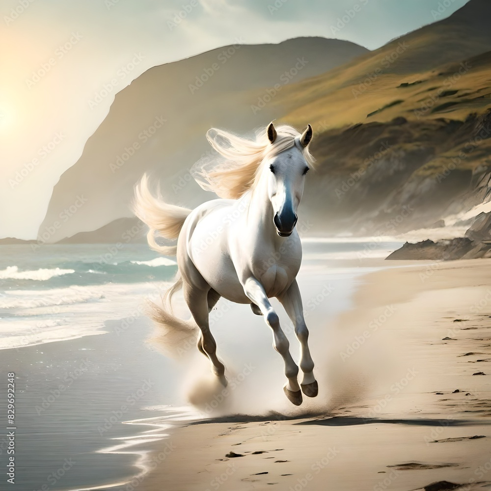 describe a scene where a white horse enjoye the moment of an ocean describe a scene where a white horse enjoye the moment of an ocean