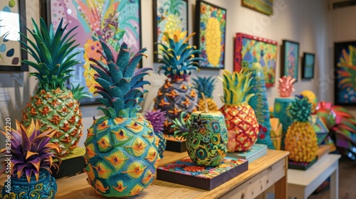 A display of vibrant pineapplethemed artwork including paintings sculptures and even a pineappleshaped piÃ±ata made entirely out of recycled materials. photo