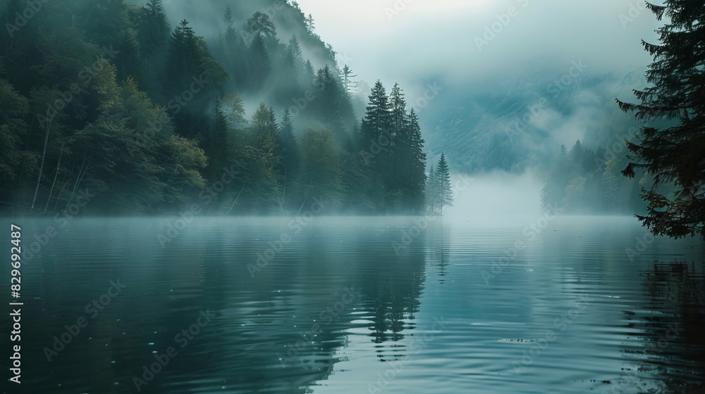 Misty mountain lake surrounded by dense forest trees Misty mountain lake surrounded by dense forest trees