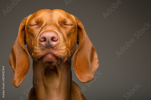 In a studio photo  a friendly Hungarian Vizsla dog is captured pulling a funny face  radiating charm and playfulness. This portrait perfectly captures the lovable and humorous nature of the dog. 