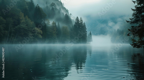 Misty mountain lake surrounded by dense forest trees