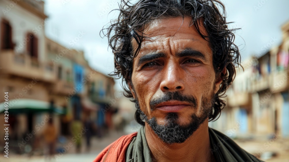 A rugged, bearded man in a Mediterranean town exudes a sense of history and culture A rugged, bearded man in a Mediterranean town exudes a sense of history and culture