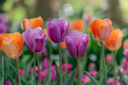 A close-up of pink and orange tulips