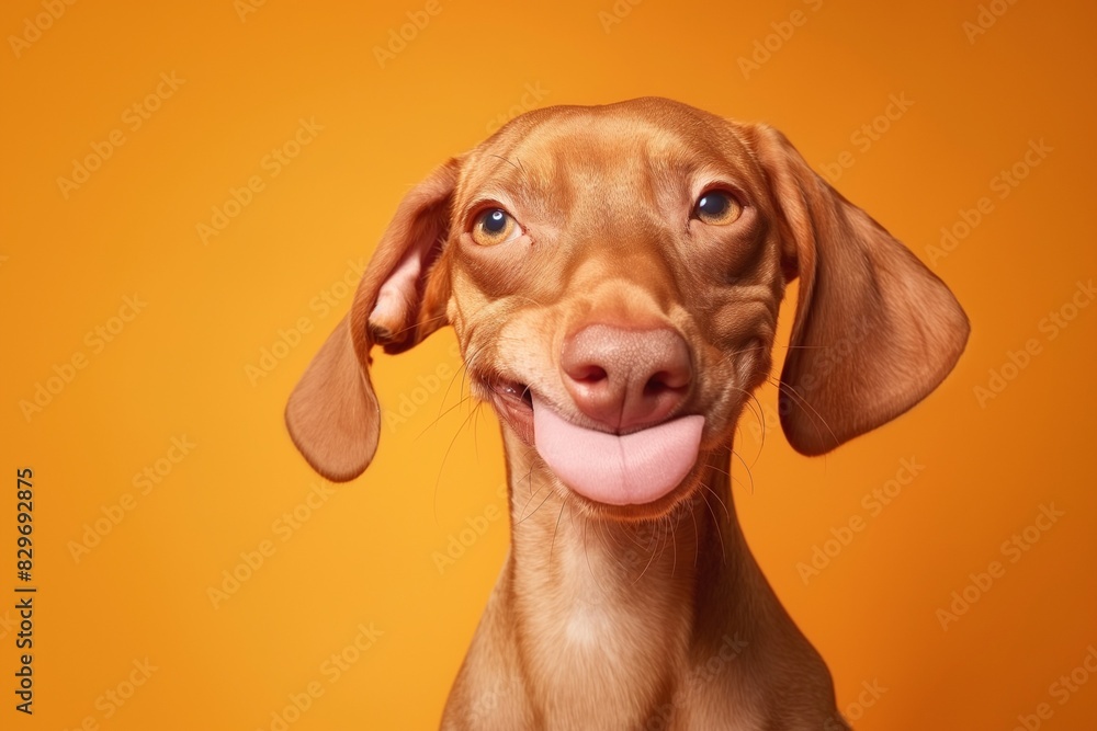 In a studio photo, a friendly Hungarian Vizsla dog is captured pulling a funny face, radiating charm and playfulness. This portrait perfectly captures the lovable and humorous nature of the dog. In a studio photo, a friendly Hungarian Vizsla dog is captured pulling a funny face, radiating charm and playfulness. This portrait perfectly captures the lovable and humorous nature of the dog.