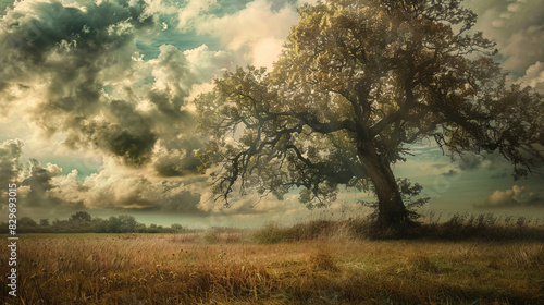 Majestic oak tree under dramatic cloud-filled sky in open field