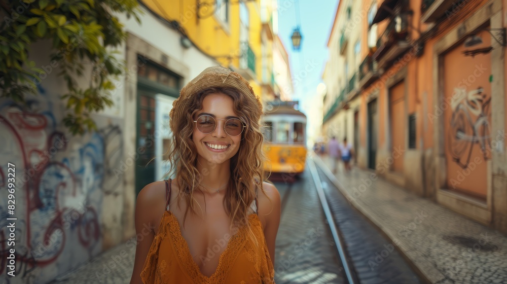 Cheerful young woman in sunglasses and a summer dress smiles brightly in the street with a vintage streetcar behind her