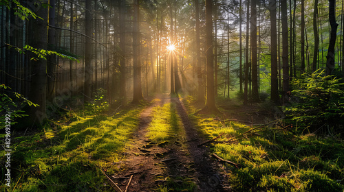 Sunlight filtering through dense forest creating serene path