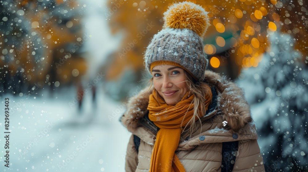 A woman smiles warmly wearing a hat and scarf amid falling snow, with festive lights in the background A woman smiles warmly wearing a hat and scarf amid falling snow, with festive lights in the background
