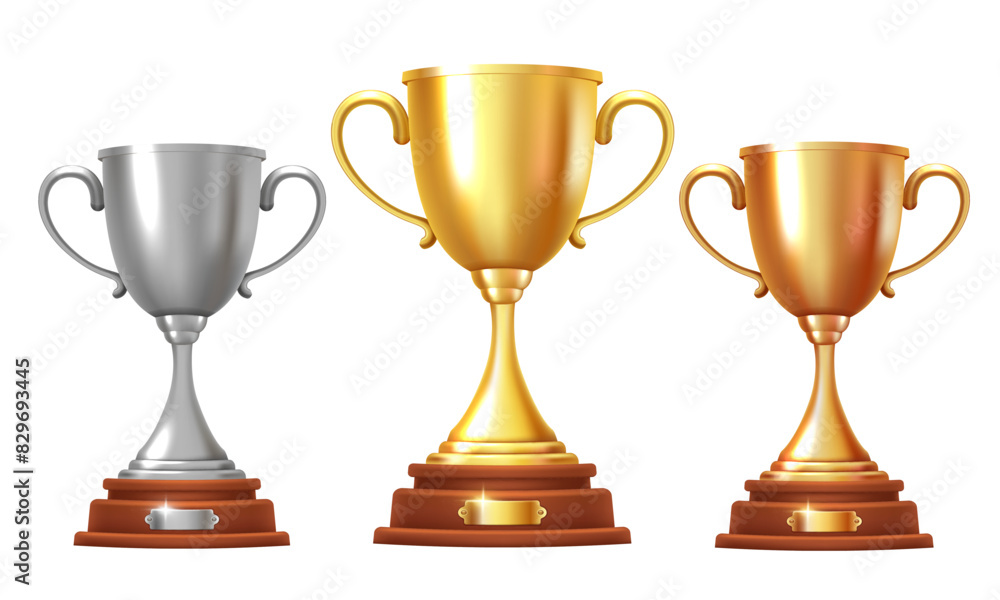 Gold, silver and bronze cups. Vector 3D illustration isolated on white background. Gold, silver and bronze cups. Vector 3D illustration isolated on white background.