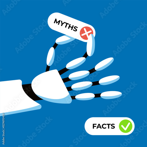 Facts versus myths. Ai robot arm hold Myths and facts icons. Banners with true or false facts. Emblem or badge. Flat vector illustration.