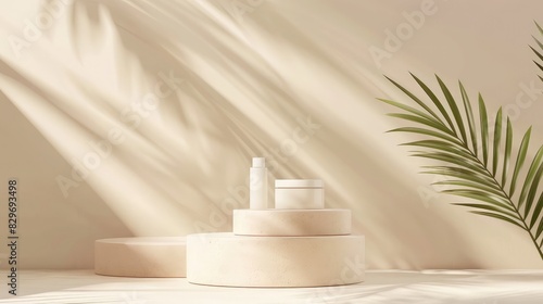 cylindrical pedestal podium, Geometric platform abstract rendering, Product display presentation, 3d background products display podium scene with palm leaf geometric platform