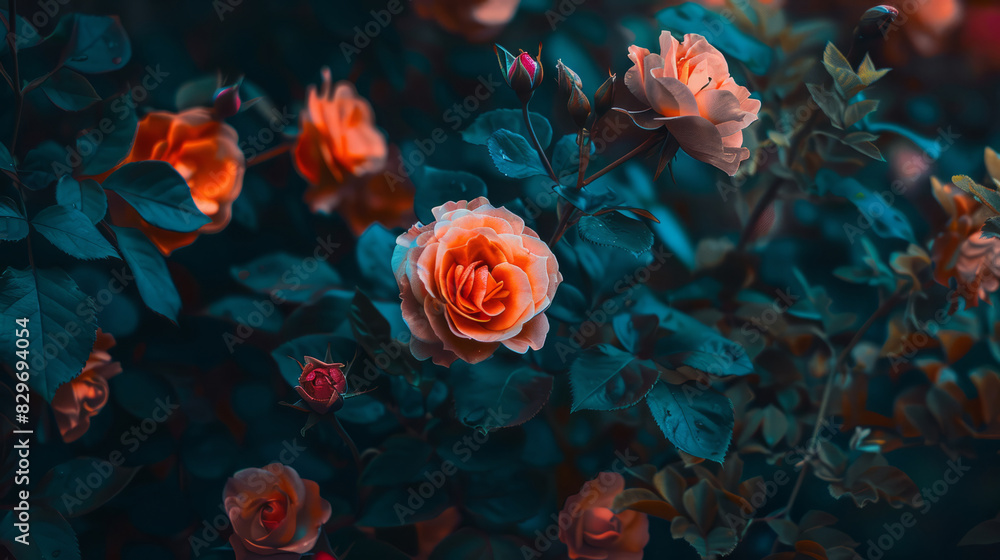 Close-up of blooming orange roses with dark leaves background Close-up of blooming orange roses with dark leaves background