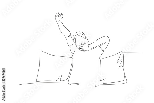 The man who just woke up yawned. Waking up in the morning concept one-line drawing