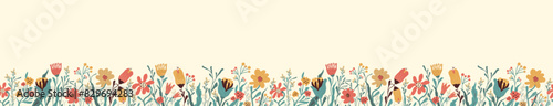 seamless floral background with flowers, border, leaves. Spring botanical, plant illustration, objects isolated on white background. for print, banner, border with space for text. art vector 