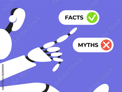 Facts versus myths. Myths facts icons with Ai Robot. Banners with true or false facts. Emblem or badge. Flat vector illustration.