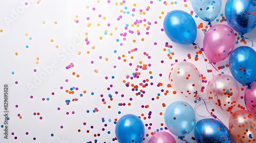 Vibrant balloon glitter paper confetti shaped like balloons scattered delicately on a white backdrop  providing ample space for personalized additions