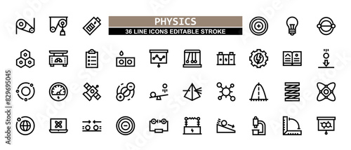 36 Physics Line Icons Set Pack Editable Stroke Vector Illustration.