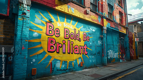 Colorful street art featuring vibrant rainbow with the words Be Bold Be Bright Be Brilliant in bold typography inspiring confidence and creativity