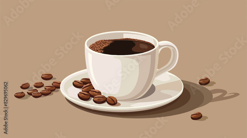 A cup of coffee with a saucer and coffee beans 
