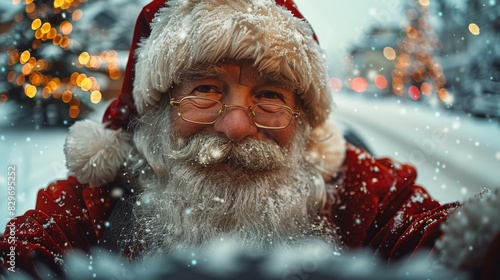 Holiday themed image of a Santa Claus driving, with face obscured, festive lighting photo