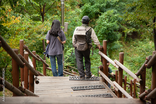 View of the tourists walking down on the wooden stairway